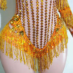 Custom rhinestones bodysuit tassels women Celebrate stage Team pole dance club party fashion leotard clothing