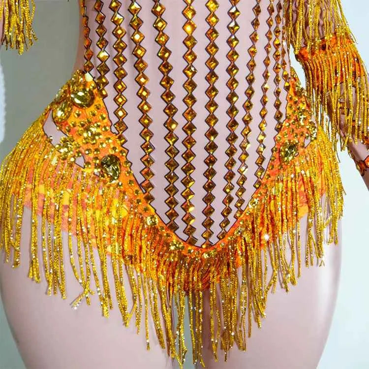 Custom rhinestones bodysuit tassels women Celebrate stage Team pole dance club party fashion leotard clothing