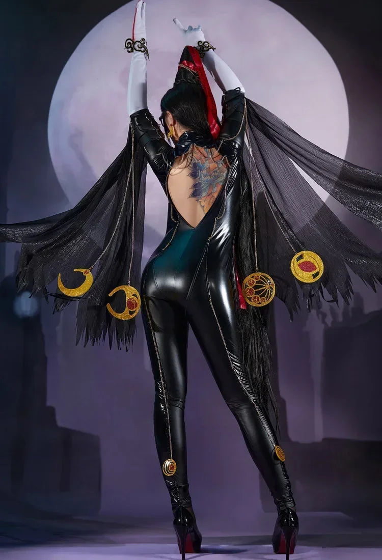Miccostumes Women's Black Witch PU Leather Cosplay Bodysuit