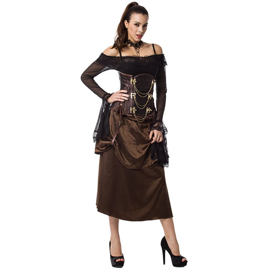 SS69 Brown Steampunk Underbust Corset, Steel Boned Floral Waist Trainer