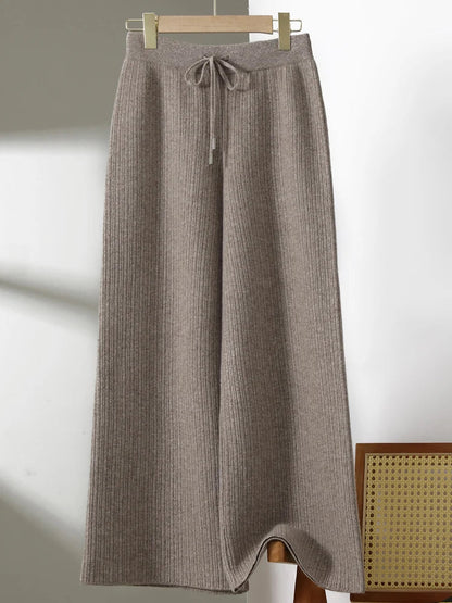 Yoyoselect New Popular Women Wide-Leg Wool Pants 100% Merino Wool Quality Soft Trousers Basic Casual Knitted Elastic Waist Slack SS69 85.69 Hua Camel / XL
