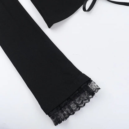 AltGoth Aesthetic Goth T-shirt Women Hotsweet Y2k E-girl 2000s Streetwear Lace Patchwork Square Collar Long Sleeve Crop Tee Tops - SS69