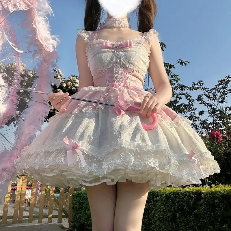 French Lolita Strap Dress Lace Patchwork Cosplay Outfit Y2K Vintage Elegant Girls Sweet Party Kawaii Dress Women Clothing 2026