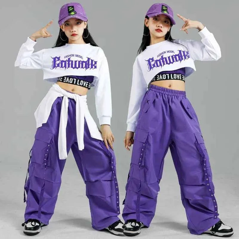 Children Street Dance Outfits Kids Streetwear Group Jazz Clothes Sets Hip Hop Girls Fashion K-pop Crop Top Purple Cargo Pants