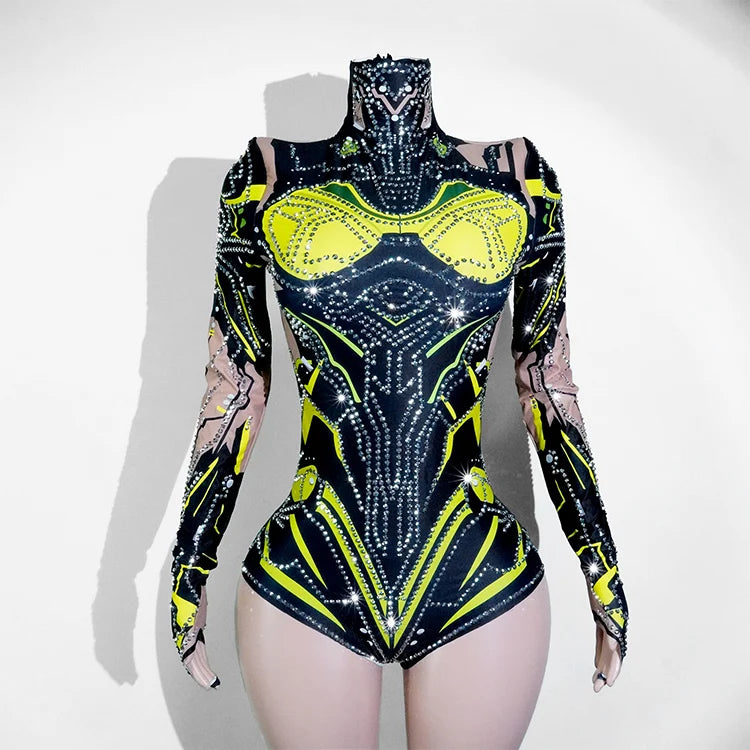 Women's Green Rhinestone Bodysuit High Elasticity Dance Outfit