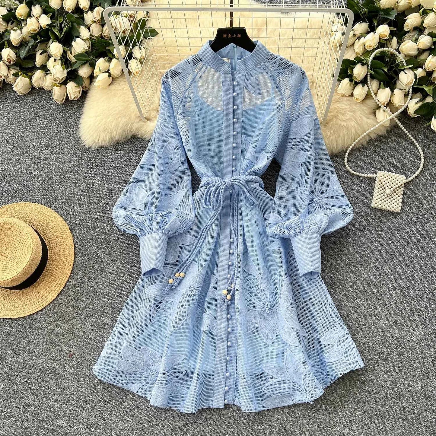 SINGREINY Women Elegant Floral Emboridery Dress Hollow Out Long Sleeve Single Breasted Belt French Court Chic Short A Line Dress