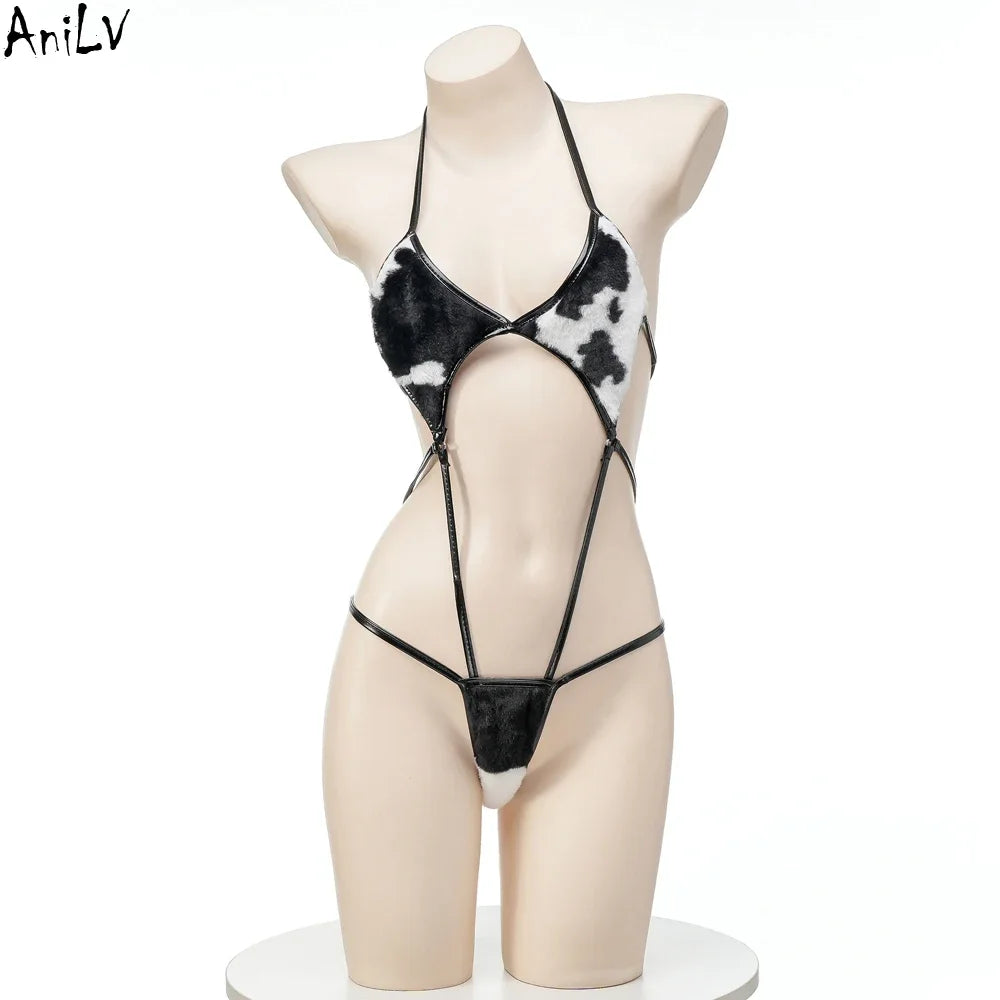 AniLV Cow Print Bikini Set with Maid Apron