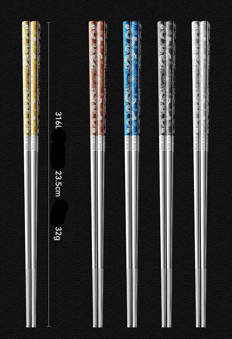 5 pairs 316L Stainless Steel Chopsticks Dragon Pattern New Style Chopsticks Food Grade Household Anti Mildew Extended Chopsticks