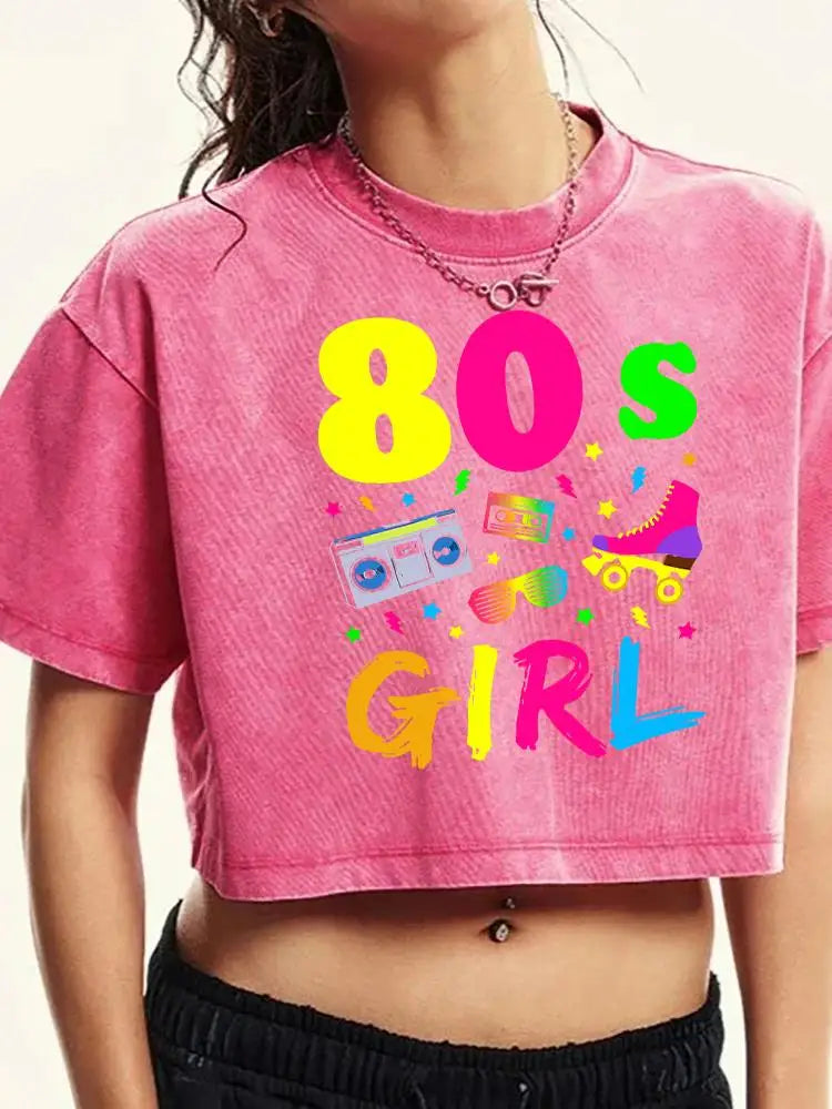 80 S Girl Colorfulprinting Female Washed Short Tshirt Breathable Summer T Shirt Casual Fashion Midriff-Baring Distress Tops SS69