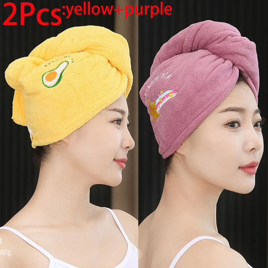 2pc Quick-Dry Super Absorbent Magic Microfiber Hair Drying Towel,Shower Cap & Turban,Soft Polyester Bath Hat with Button Closure
