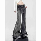 Vintage Slim Micro-flare Jeans Women Ins Fashionable Splicing Belt Edge Y2K Pants High Waist Straight American Street Trousers