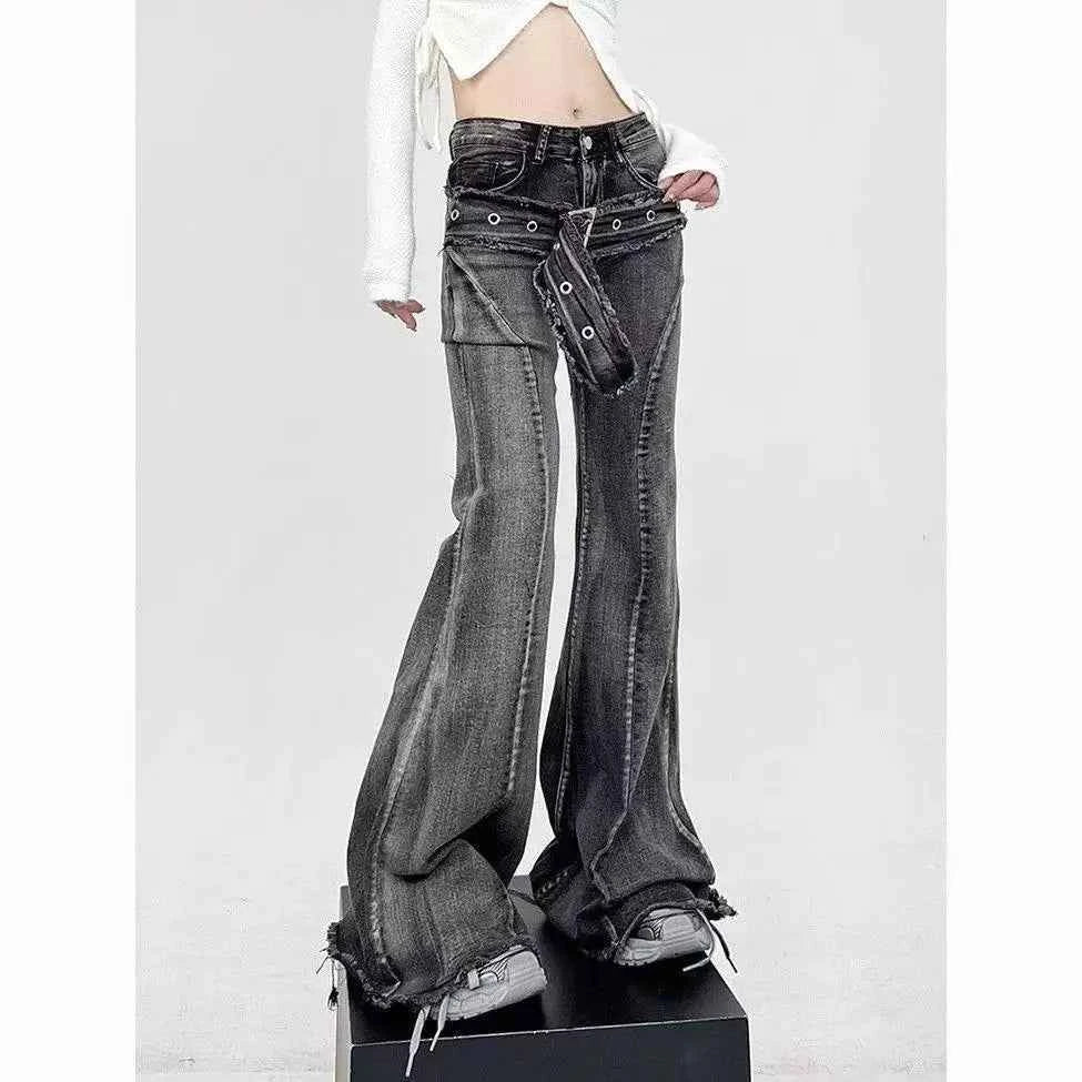 Vintage Slim Micro-flare Jeans Women Ins Fashionable Splicing Belt Edge Y2K Pants High Waist Straight American Street Trousers