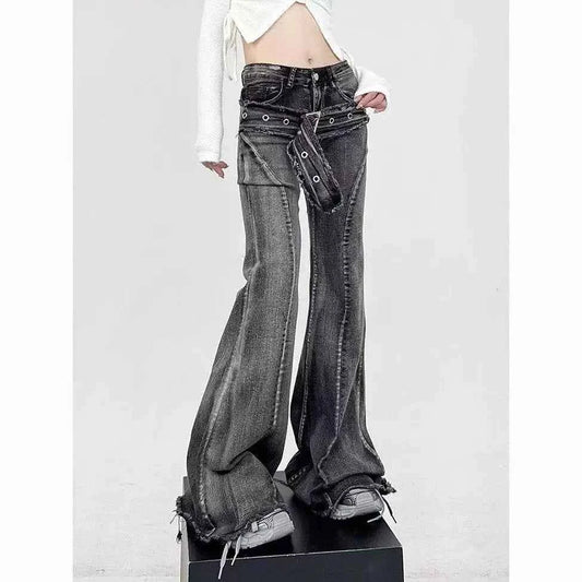 Vintage Slim Micro-flare Jeans Women Ins Fashionable Splicing Belt Edge Y2K Pants High Waist Straight American Street Trousers