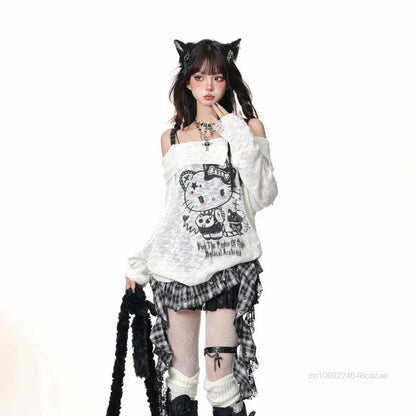 Sanrio Hello Kitty Y2k Spicy Girl Cute Graffiti T-shirt Slash Neck Micro Transparent Strap Top Women New Trend Long Sleeve Tees SS69