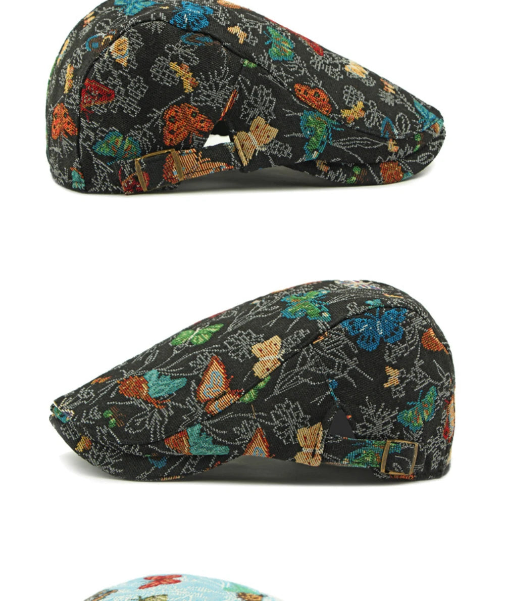 Women's Butterfly Embroidery Cotton Beret Hat - Adjustable Painter Cap