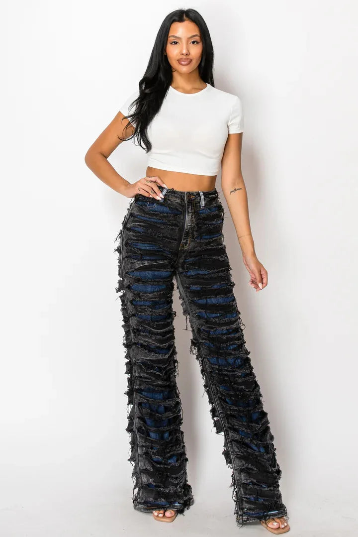 CM.YAYA Street Denim Pants Women Ripped Out Striped High Waist Zipper Jeans 2024 Fall Trousers Streetwear Straight Party Pants SS69