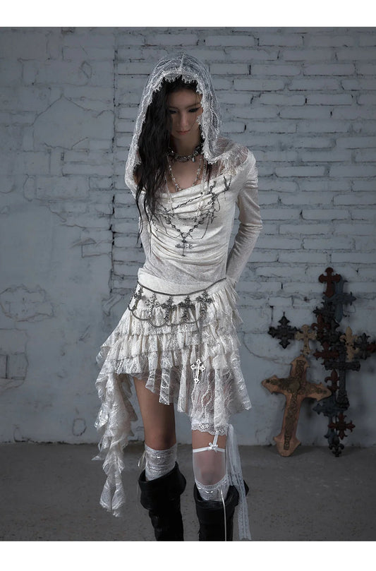 NO ROMANCE Fairy Sexy Punk Printing Half Transparent Lace Patch Knitted Long Sleeve Hooded Dresses Rock Gothic Design Vestidos SS69