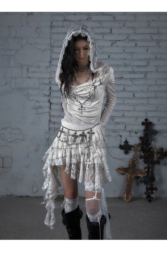 NO ROMANCE Fairy Sexy Punk Printing Half Transparent Lace Patch Knitted Long Sleeve Hooded Dresses Rock Gothic Design Vestidos SS69