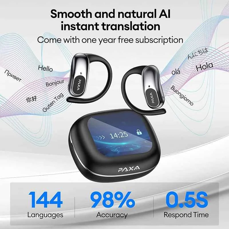 PAXA OpenAirUltra AI Translation Real Time 3-in-1 Translator Earbuds 145 Languages & Accents Bluetooth 5.4 Translating Earphones