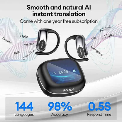 PAXA OpenAirUltra AI Translation Real Time 3-in-1 Translator Earbuds 145 Languages & Accents Bluetooth 5.4 Translating Earphones