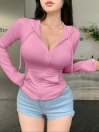 Fashion Women's Zip Up Crop Hooded Sweatshirt Jacket Y2K Spicy Girls Long Sleeve Slimming Sport T-shirts Women Solid Pocket Coat