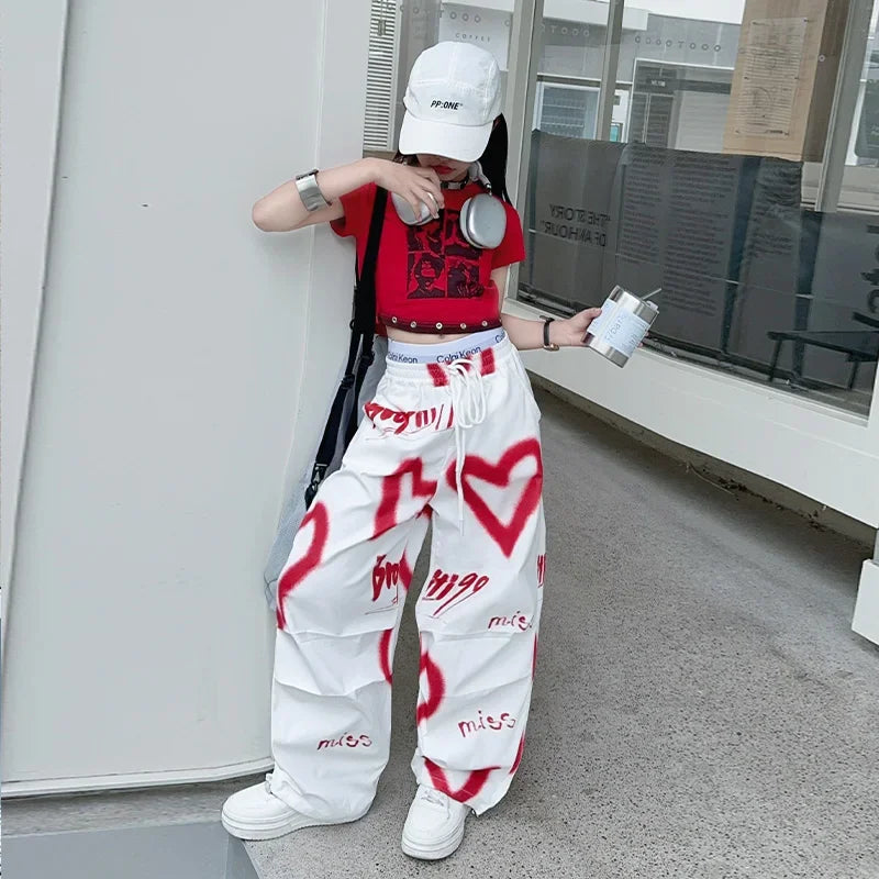 summer junior Girls Love Graffiti Casual Pants teenager girl Casual Hip Hop cargo pants kids Dance pants children clothes SS69
