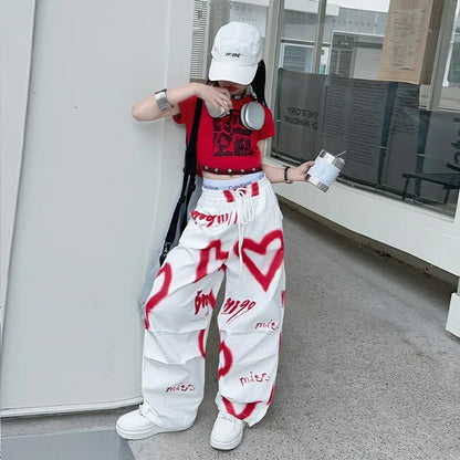 summer junior Girls Love Graffiti Casual Pants teenager girl Casual Hip Hop cargo pants kids Dance pants children clothes SS69