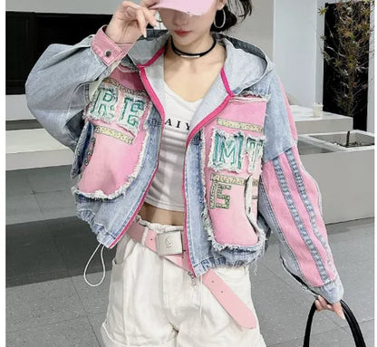 Womens Spring New 2026 Splicing Hooded Retro Denim Jacket Fashion Short Loose Versatile Zipper Long Sleeve Street Jackets