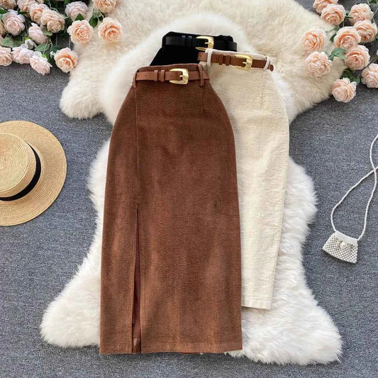 SINGREINY Women Korean Split Sexy Long Skirt 2024 Winter Corduroy Slim Thick Streetwear Fashion Vintage Autumn Bodycon Skirt