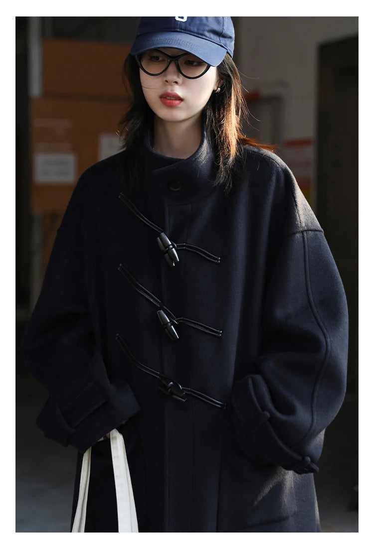 CHIC VEN Women Long Woolen Coats Single Breasted Loose Stand Collar Cow Horn Buttoned Office Ladies Overcoat Autumn Winter 2026