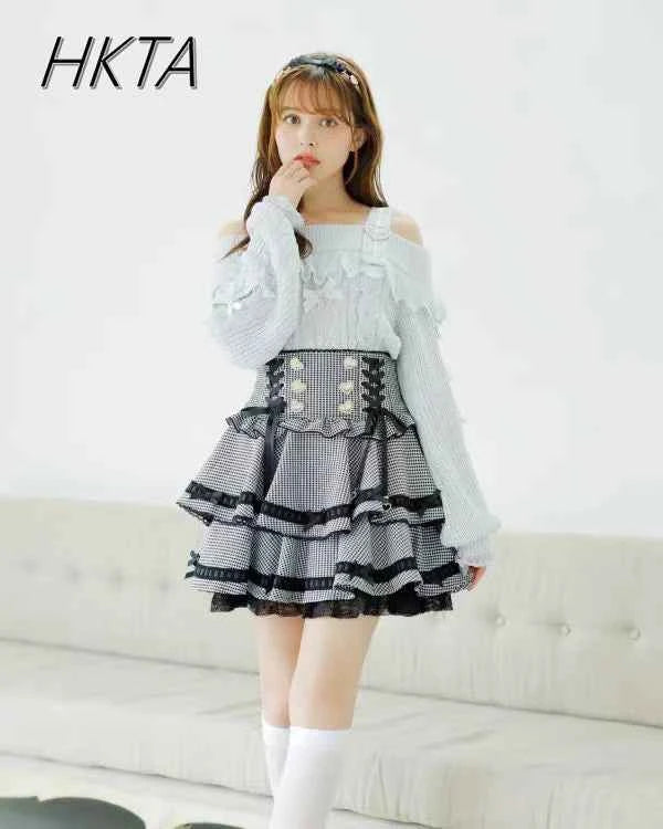 Original Japanese Mines Lolita Strap Skirts Women High Waist and Thin Frilly Pleated Skirt College Style Liz Girl Plaid Skirt