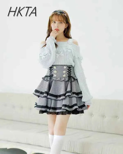Original Japanese Mines Lolita Strap Skirts Women High Waist and Thin Frilly Pleated Skirt College Style Liz Girl Plaid Skirt