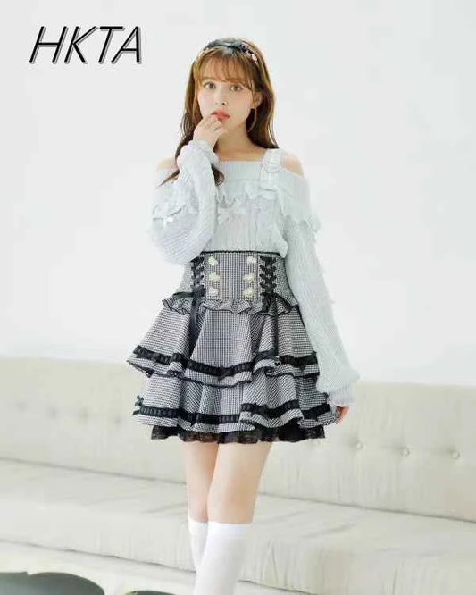 Original Japanese Mines Lolita Strap Skirts Women High Waist and Thin Frilly Pleated Skirt College Style Liz Girl Plaid Skirt