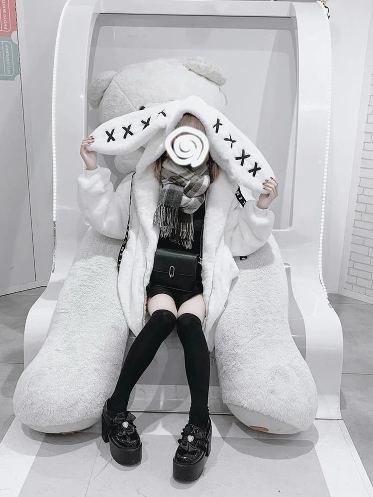 Mauroicardi Women's Black Faux Fur Coat with Bunny Ears