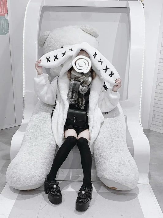 Mauroicardi Autumn Winter Sweet Cute Kawaii Soft Thick Warm Black Faux Fur Coat Women with Bunny Ears Cute Fluffy Jacket Hoodie