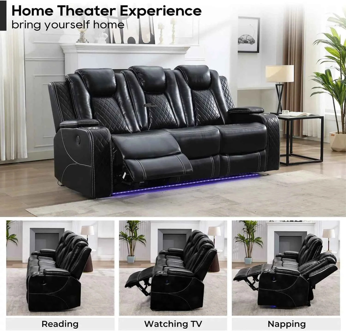 TODRANI Power Reclining Sofa 0 Gravity w/ Wireless Charger,LED Floor Lights,Reading Light, Drop-down Table USB/Type-C Port(070)