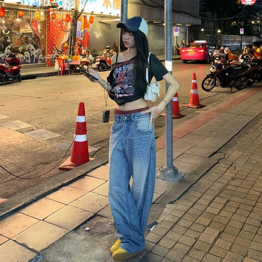 Off Shoulder Retro Y2k Tops Letter Print Short Sleeve T-Shirt Harajuku Slimming Women Top 2025 Summer New Women's Clothing SS69
