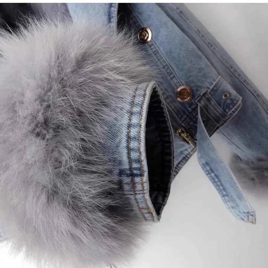 2026 New Women Faux Fox Fur Collar Jean Coat Winter Jacket Female Short Warm Parkas Rabbit Hair Lining Outwear Fashion Overcoat