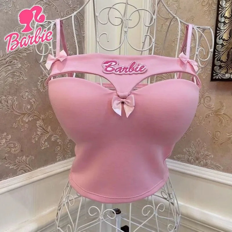 Sweet Barbie Women Tops Sexy Hot Girl Bowknot Embroidered Camis Tank Top Y2k Summer Casual Fashions Streetwear T-shirt Tops Gift SS69