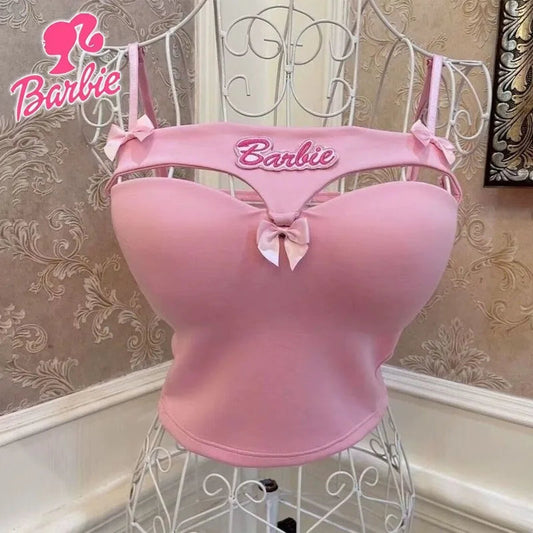 Sweet Barbie Women Tops Sexy Hot Girl Bowknot Embroidered Camis Tank Top Y2k Summer Casual Fashions Streetwear T-shirt Tops Gift SS69