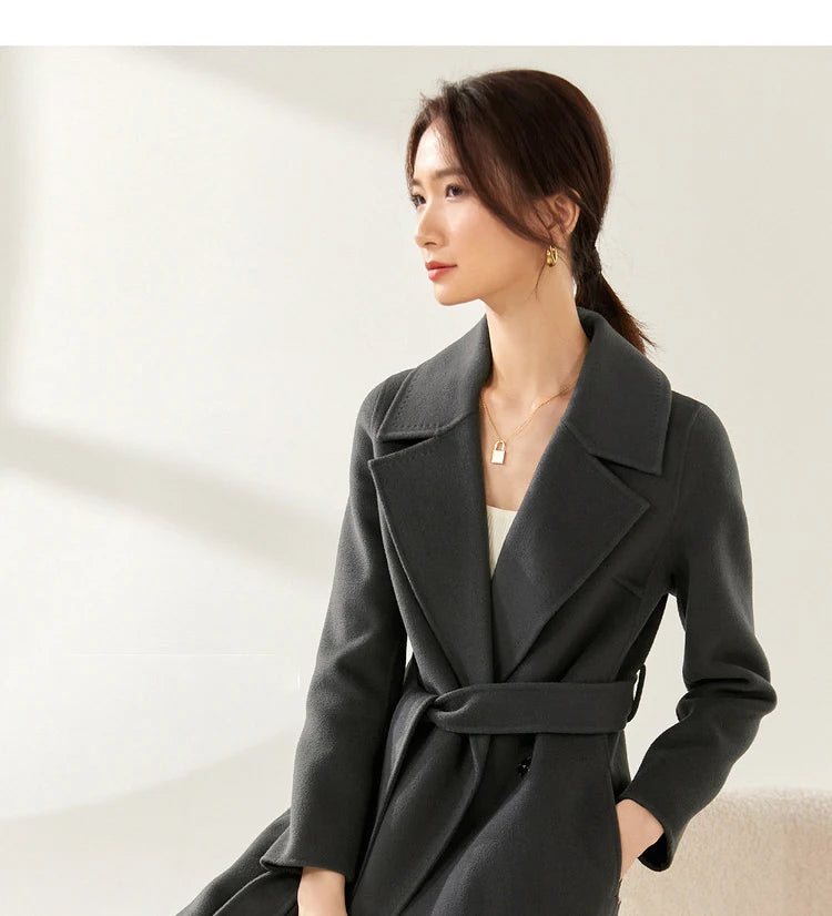 SENTUBILA Women's 100% Wool Long Wrap Coat with Belted Waist