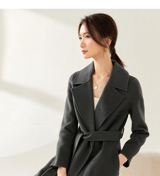 SENTUBILA Women 100% Wool Long Wrap Coat 2026 Elegant Notched Collar Belted Warm Double Faced Woolen Winter Overcoat W24O43352