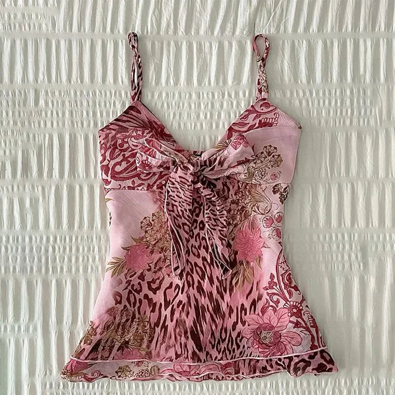Flower leopard pattern suspenders emo girl casual fashion Y2K crop top chic Harajuku aesthetic sweet urban sexy punk women's top SS69 16.69 Pink / S