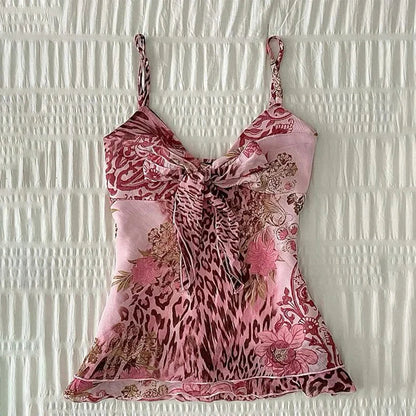 Flower leopard pattern suspenders emo girl casual fashion Y2K crop top chic Harajuku aesthetic sweet urban sexy punk women's top SS69 16.69 Pink / S