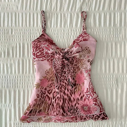 Flower leopard pattern suspenders emo girl casual fashion Y2K crop top chic Harajuku aesthetic sweet urban sexy punk women's top SS69 16.69 Pink / S