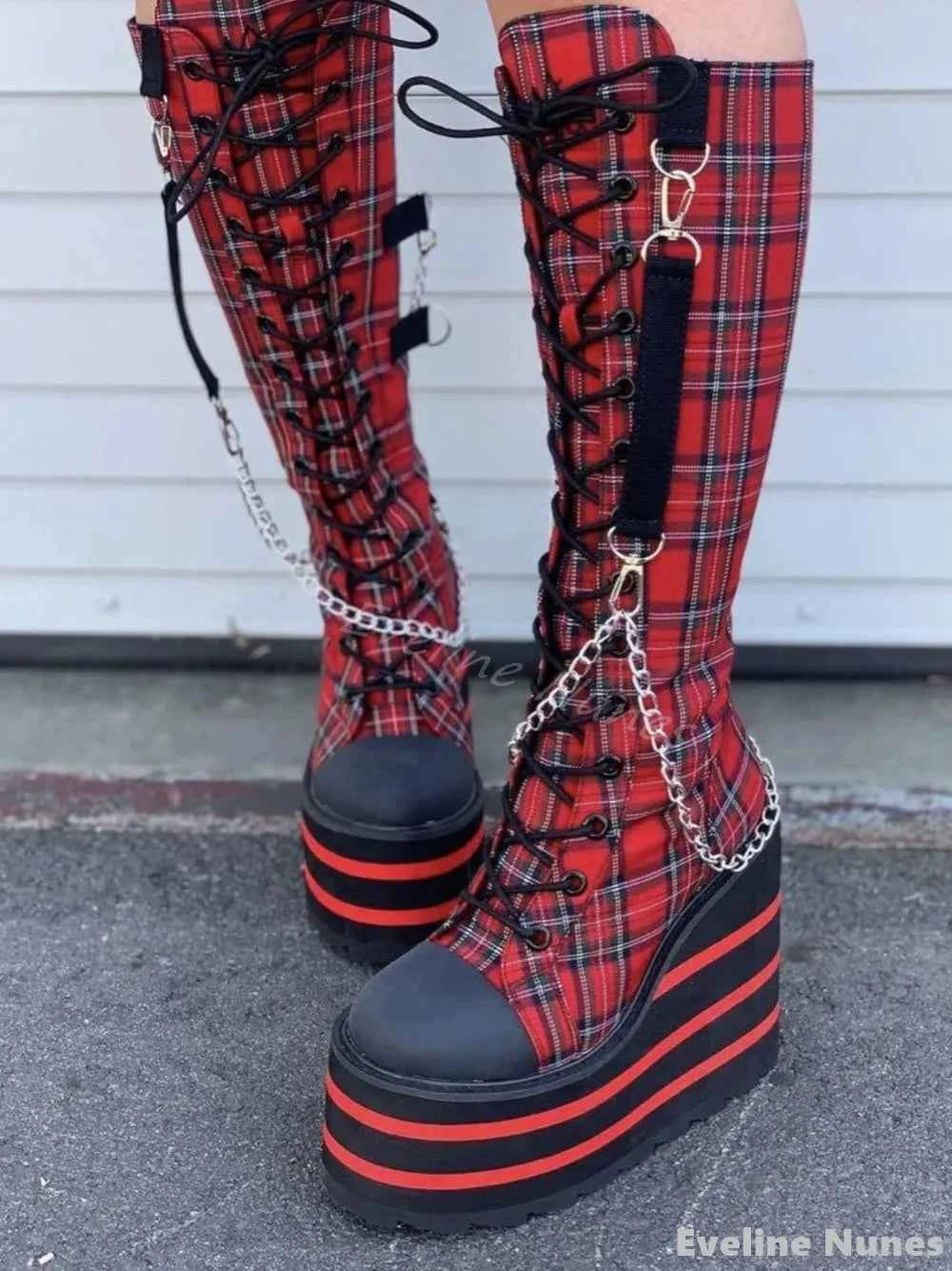 Canvas Check Platform Knee-high Boots Women Metal Chain Round Toe Wedges Cross Tied Lolita Heighten Shoes 2025 Lovely Sexy Boots