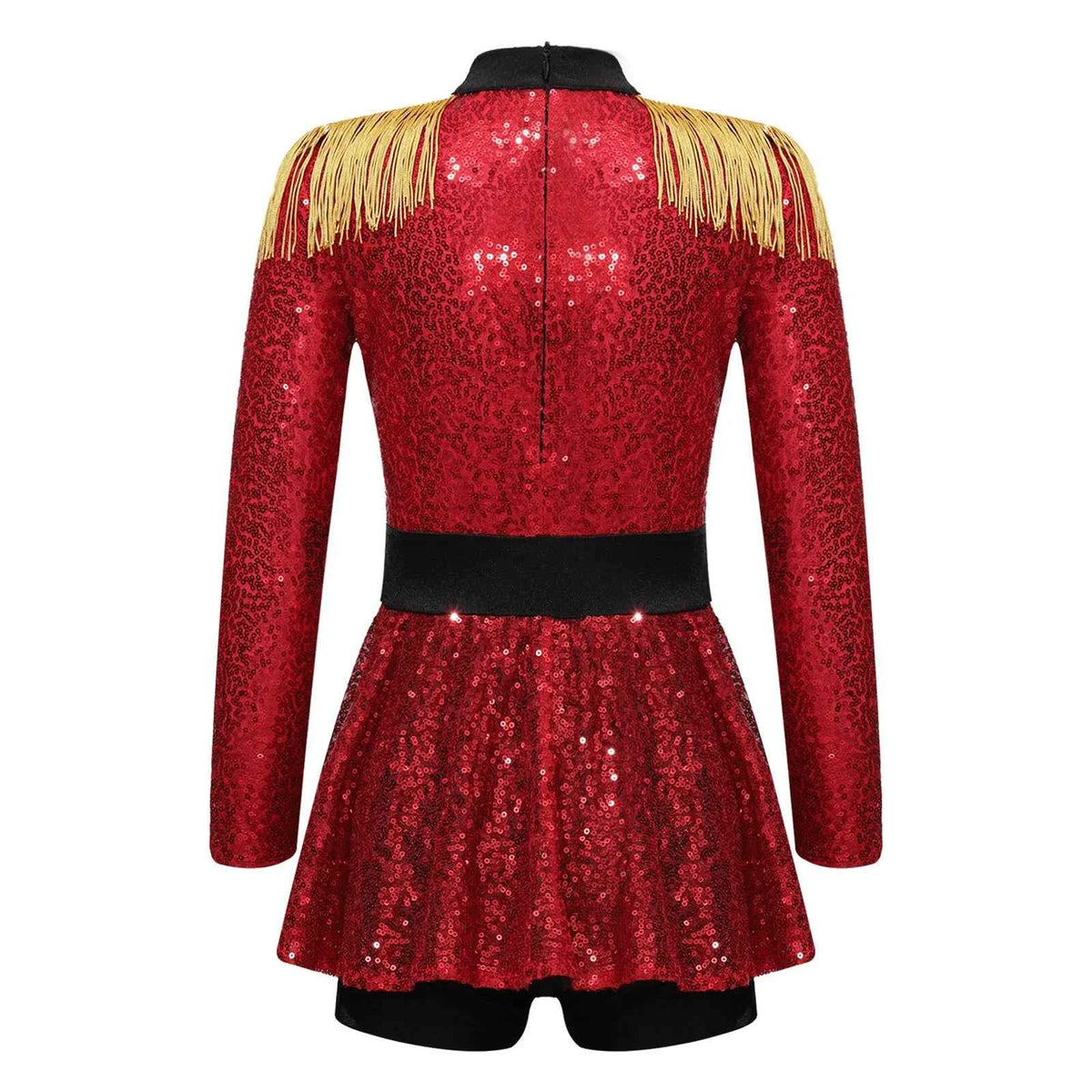 Girls Circus Costume Ringmaster Jumpsuit Shiny Sequins Long Sleeve Tassel Epaulet Leotard Dress for Halloween Fancy Outfit