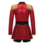 Girls Circus Costume Ringmaster Jumpsuit Shiny Sequins Long Sleeve Tassel Epaulet Leotard Dress for Halloween Fancy Outfit