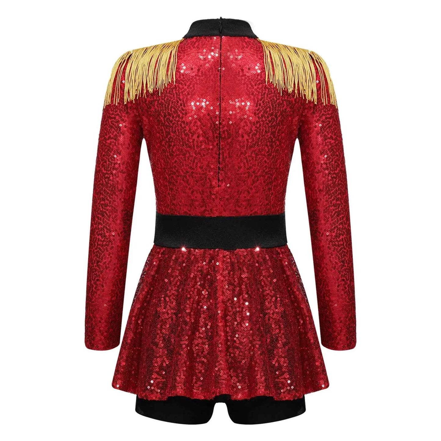 Girls Circus Costume Ringmaster Jumpsuit Shiny Sequins Long Sleeve Tassel Epaulet Leotard Dress for Halloween Fancy Outfit