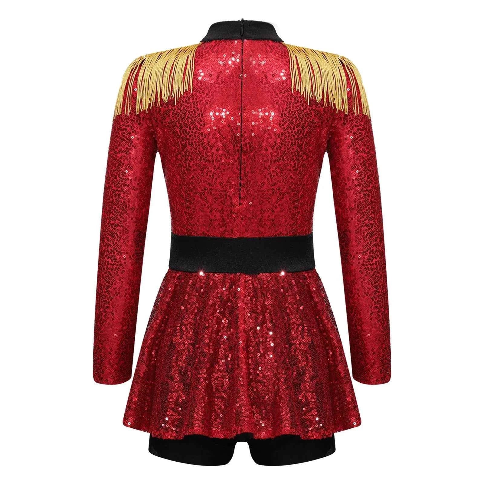 Girls Circus Costume Ringmaster Jumpsuit Shiny Sequins Long Sleeve Tassel Epaulet Leotard Dress for Halloween Fancy Outfit
